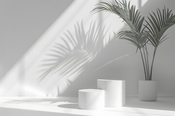 Minimalist 3D Rendering of White and Green Plants and Palm Trees