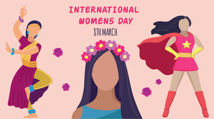 8 march international womans day cartoon vector card illustration