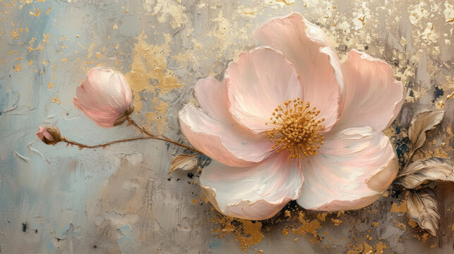 Romantic background with beautiful pink flower on golden decorated background with copy space as wallaper illustration, luxury vintage abstract oil painting	
