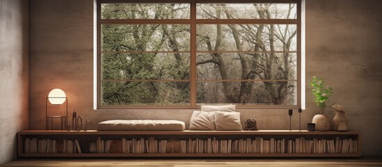 A room with a couch placed by a bookshelf, showcasing a large window that brings in natural light. The cozy setting is perfect for reading and relaxation.