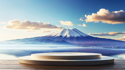 A 3D podium positioned in front of Japan's iconic Mount Fuji, set against a backdrop of a...