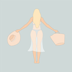 Woman in a swimsuit with a hat and a bag in her hand.