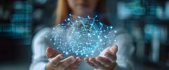 Human Hands Holding a Holographic Projection of a Brain Symbolizing Artificial Intelligence