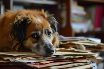 dog in an office, overwhelmed by a mountains of paperwork