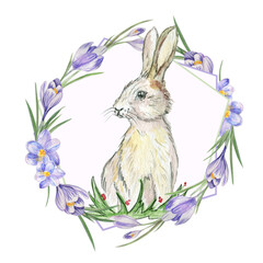 Watercolor cute hand drawn rabbit, Bunny in floral crocus frame, flowers bouquet. Perfect for printing, web, design, various souvenirs, photo albums and other creative ideas.
