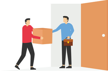 Man in a business suit receives a parcel from a delivery worker, delivery worker holding a package at door, Express door-to-door delivery service.

