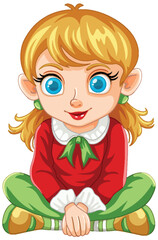 Cartoon illustration of a happy, seated young girl.