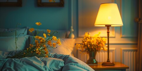 Warm bedtime ambiance in a tranquil bedroom with golden flowers and soft lamplight