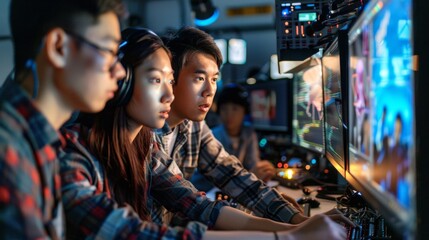 TV engineer at editor in studio. TV editor working with vision mixer in a television broadcast gallery.Man sat at a vision mixing panel in a television studio gallery