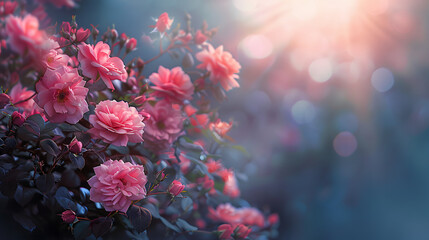 Fototapeta na wymiar Fantasy mysterious spring floral banner with blooming pink rose flowers on blurred blue background and sun rays