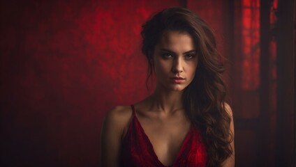 Fototapeta premium Sultry portrait of a charismatic woman with an intense gaze against a red textured backdrop