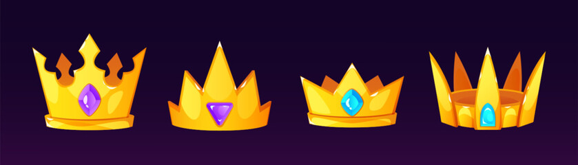 Golden crowns set isolated on black background. Vector cartoon illustration of royal symbol, gold metal jewelry with gem stone decoration, medieval treasure design, king or queen accessory, game rank