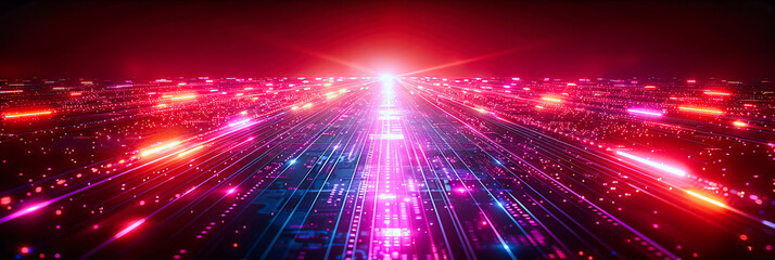 Naklejka premium Futuristic Technology and Cyberspace Concept, Abstract Light and Digital Network Design, Modern Science and Virtual Reality, Bright and Glowing Neon Lines in Dark Space