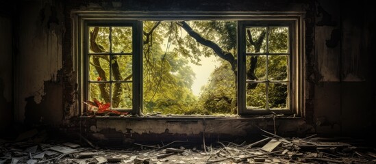 Through the window of an abandoned rundown house, a lush forest can be seen outside. The dense...