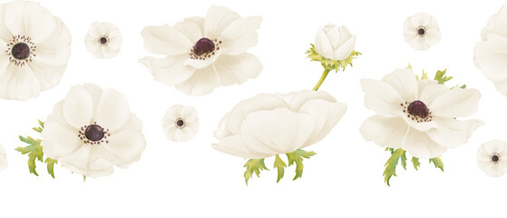 A seamless border featuring delicate white anemones and fresh greenery. watercolor illustration for a wide range of wedding invitations, greeting cards, digital backgrounds or artwork - obrazy, fototapety, plakaty