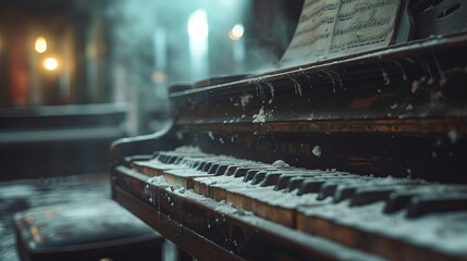 Withered old Piano Covered in Dust, Blurred Concert Hall: Melancholic Story of a Forgotten Musician - obrazy, fototapety, plakaty