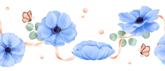 Fototapeta na wymiar A seamless border. delicate blue anemones, eucalyptus leaves, adorned with ribbons, rhinestones, and butterflies. watercolor illustration for wedding stationery event invitations or digital designs