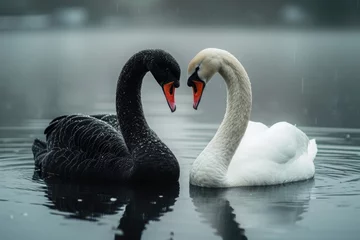 Schilderijen op glas Serene embrace: two swans in love, a graceful display of adoration and unity in the swanst's affectionate bond, a symbol of tranquility and everlasting companionship in the natural world. © Ruslan Batiuk