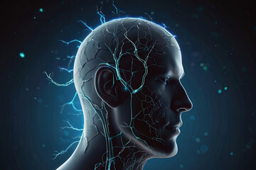 Fototapeta premium Glowing neurons in human head concept. Perfect for neuroscience, brain research, and medical-themed designs. SEO-friendly stock image.