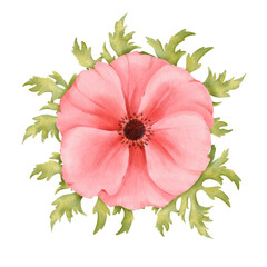 A watercolor composition featuring a pink anemone surrounded by fresh greenery. for use in wedding invitations, greeting cards, botanical prints digital backgrounds and floral-themed materials