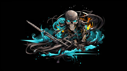Isolated image of skeleton on the theme of chaos in dark black and light blue colors for T-shirt design. Generative AI