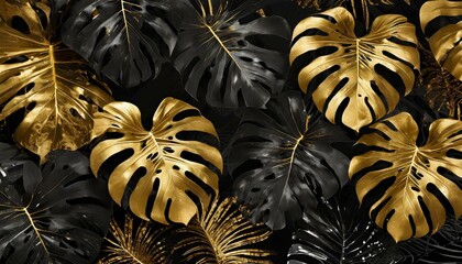 Golden Jungle Elegance: Luxe Tropical Leaves and Dark Monstera Graphic Design"