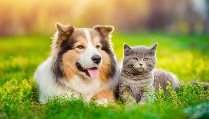 Naklejka na ściany i meble Spring Serenity: Adorable Dog and Cat Lounge Together on Verdant Grass
