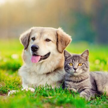 Spring Serenity: Adorable Dog and Cat Lounge Together on Verdant Grass"