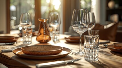 Sunlit elegant dinner setting with artisanal ceramic plates and sparkling glassware