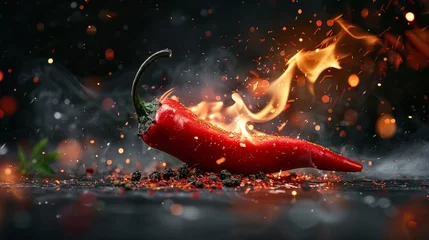 Foto op Plexiglas Red hot chili pepper on black background with flame © Nataliya