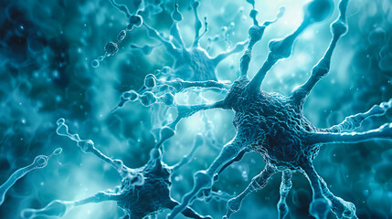 Neural Complexity: Brain Cells and Neurons, Detailed Medical Illustration, Blue Science and Neurology Concept - obrazy, fototapety, plakaty