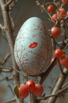 one white egg painted with red kisses