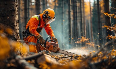 Lumberjack worker with chainsaw is sawing a log tree in deep green forest. sawing tree trunk by chainsaw detail - obrazy, fototapety, plakaty