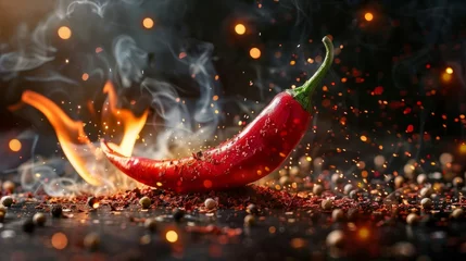 Outdoor kussens Red hot chili pepper on black background with flame © Nataliya