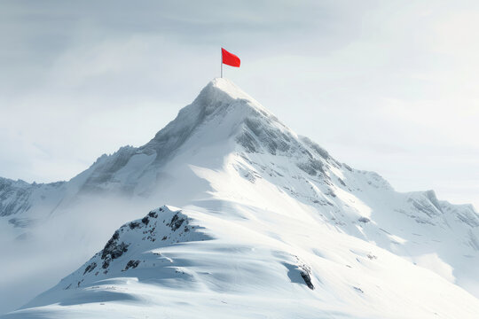 Red flag on the top of mountains covered with snow