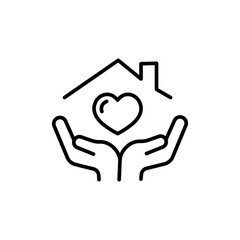 Hands holding house symbol with heart shape line icon.