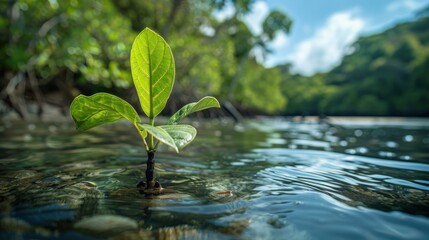 Close up of nursery seedlings mangrove forest to save intact environment, Conservation and restoration of mangrove forests.