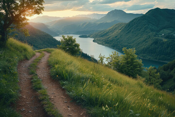 Touristic trail in the mountains near the lake