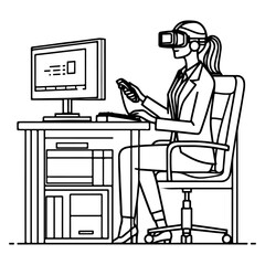 Fototapeta premium single continuous drawing black line art linear businesswoman in office using virtual reality headset simulator glasses with computer doodle style sketch vector