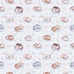 Watercolor pattern for children with sleeping sheep and elephant. print for baby fabric, seamless cat, koala bunny and fox animals pink with beige and blue clouds, moon, sun. Nursery deer print - 747783183