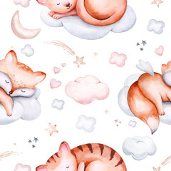 Watercolor pattern for children with sleeping cat and fox. print for baby fabric, poster pink with beige and blue clouds, moon, sun. Nursery kitty print illustration textile - 747783184