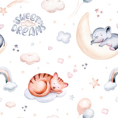 Watercolor pattern for children with sleeping elephant and cat. print for baby fabric, poster pink with beige and blue clouds, moon, sun and rainbow. Nursery print illustration textile - 747783186