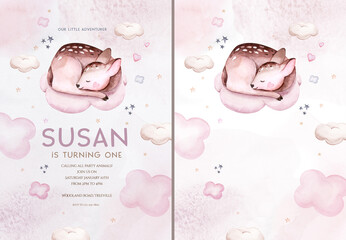 Watercolor hand drawn illustration of a cute baby deer, fawn sleeping on the moon and the cloud. Baby Shower Theme Invitation birthday Template