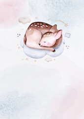 Watercolor hand drawn illustration of a cute baby deer, fawn sleeping on the moon and the cloud. Baby Shower Theme Invitation birthday Template - 747783192