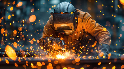 A skilled welder is creating a fusion of metal, shaping it with precision and expertise. The essence of craftsmanship in the industrial world. Generative AI.