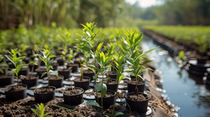 Close up of nursery seedlings mangrove forest to save intact environment, Conservation and restoration of mangrove forests.