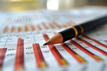 .Close-up of pencil and document with financial data and chart, statistics, accounting
