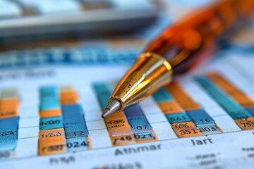 Close-up of pen and document with financial data and chart, statistics, accounting