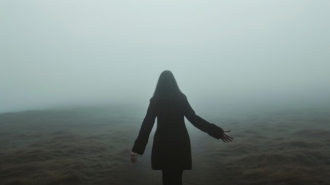 Woman Walking Away Through Foggy Landscape: Depicting Solitude and Mystery - Fog Lover