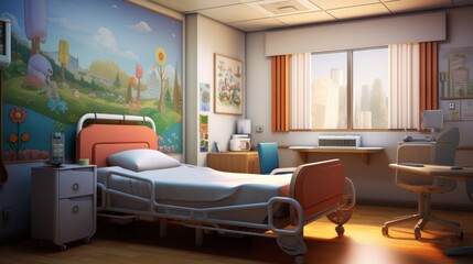 Fototapeta na wymiar Hospital interior in a recovery or children's inpatient room with a bed and amenities